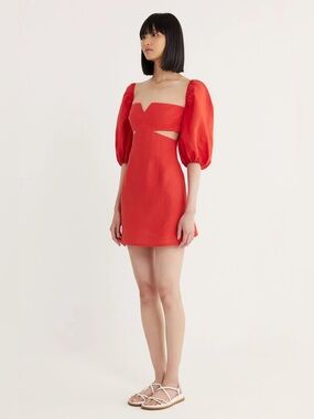 NWT Rumer Orange Freya Linen Mini Dress Tuscany Red Puffer Cut Outs Archive